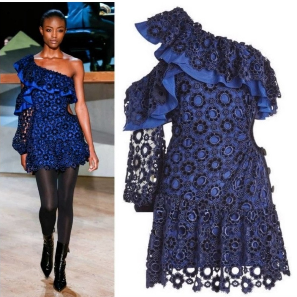 Self portrait Elegant Blue Lace One-Shoulder Dress